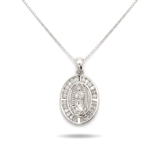 Baguette Ring Virgin Mary Oval Medal Moissanite Pendant in Sterling Silver on chain