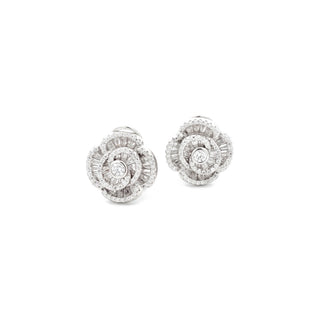 Baguette rose flower moissanite stud earrings in sterling silver