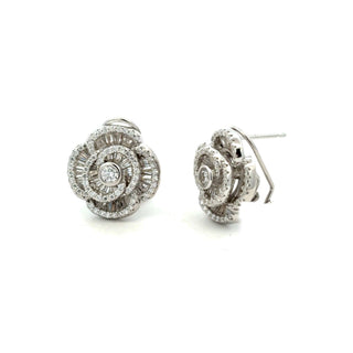 Baguette rose flower moissanite stud earrings in sterling silver, view 2
