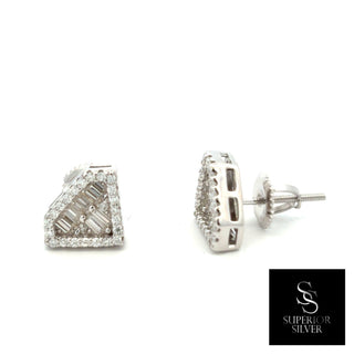 Baguette shield pavé moissanite stud earrings in sterling silver, view 2
