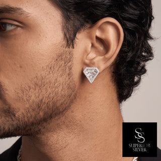 Baguette shield pavé moissanite stud earrings in sterling silver, worn on model