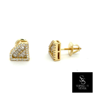 Baguette shield pavé moissanite stud earrings in yellow gold vermeil over sterling silver, view 2