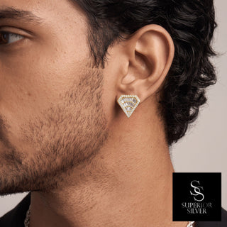 Baguette shield pavé moissanite stud earrings in yellow gold vermeil over sterling silver, worn on model