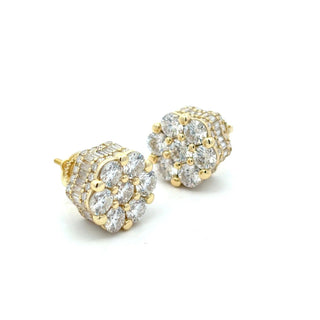 Baguette-sided hexagon flower cluster moissanite stud earrings in yellow gold vermeil over sterling silver