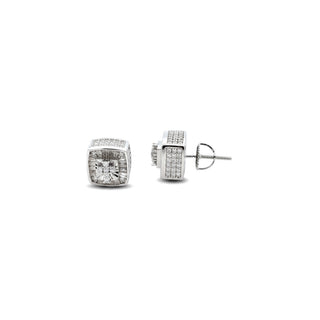 Baguette-sided square box moissanite stud earrings in sterling silver
