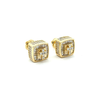 Baguette-sided square box moissanite stud earrings in yellow gold vermeil over sterling silver