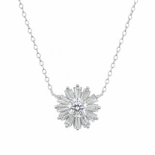 Baguette Starburst Round Center Moissanite Necklace in sterling silver