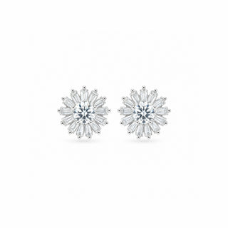 Baguette Starburst Round Moissanite Stud Earrings in sterling silver