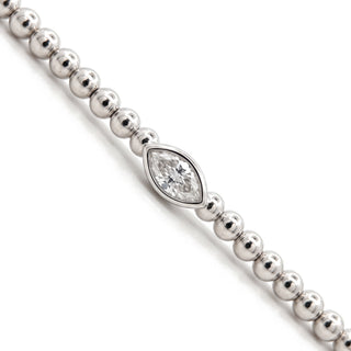Beaded Marquise Bezel Moissanite Bangle in Sterling Silver, close-up
