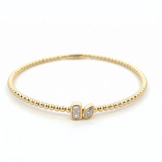 Beaded two-stone station moissanite bangle in yellow gold vermeil over sterling silver, view 2