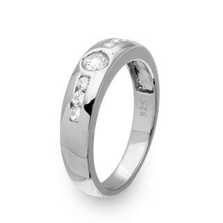 Bezel Round Center Band with Channel Side Stones Moissanite Ring in sterling silver, view 2