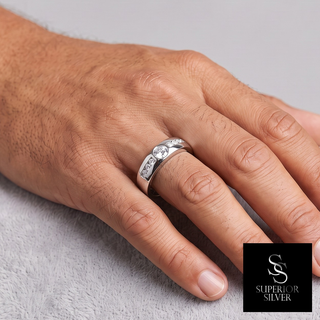 Bezel Round Center Band with Channel Side Stones Moissanite Ring in sterling silver, worn on hand