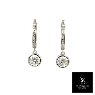 Bezel round drop pavé huggie moissanite earrings in sterling silver, view 2