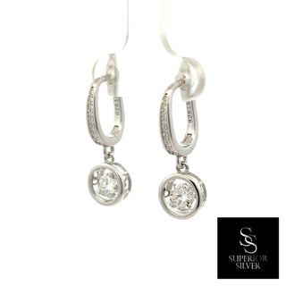 Bezel round drop pavé huggie moissanite earrings in sterling silver, view 3