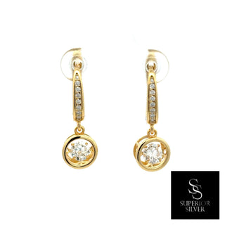 Bezel round drop pavé huggie moissanite earrings in yellow gold vermeil over sterling silver, view 2
