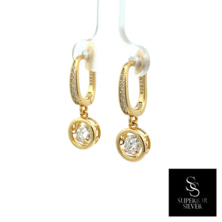 Bezel round drop pavé huggie moissanite earrings in yellow gold vermeil over sterling silver, view 3