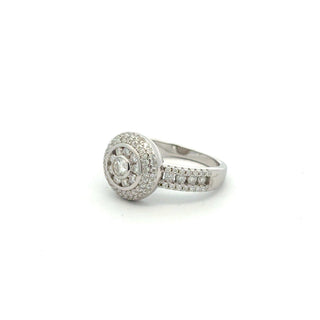 Bezel round halo with pavé shoulders moissanite ring in sterling silver