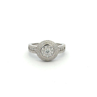 Bezel round halo with pavé shoulders moissanite ring in sterling silver, view 2