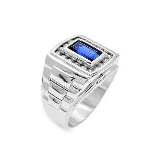 Blue Baguette Center Signet with Channel Halo Moissanite Ring in sterling silver
