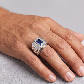 Blue Baguette Center Signet with Channel Halo Moissanite Ring in sterling silver, worn on hand