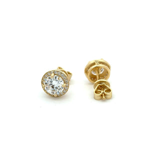 Bold round halo moissanite stud earrings in yellow gold vermeil over sterling silver