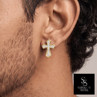 Bordered cross moissanite stud earrings in yellow gold vermeil over sterling silver, worn on model