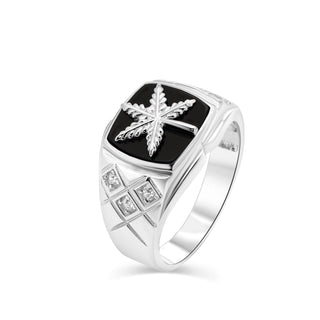 Cannabis Leaf Black Onyx Signet Moissanite Ring in sterling silver