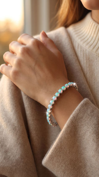 Round Cut Ethiopian Opal Tennis Bracelet in Sterling Silver