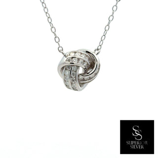Channel-set love knot moissanite necklace in sterling silver, view 3