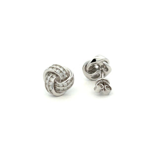 Channel-set love knot moissanite stud earrings in sterling silver