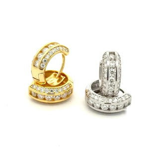 Channel-set pavé edge moissanite huggie hoop earrings in sterling silver