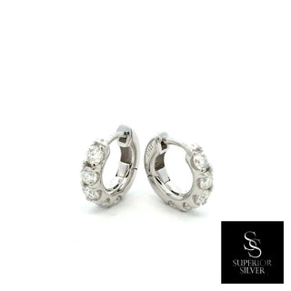 Chunky round stone moissanite huggie hoop earrings in sterling silver, view 3