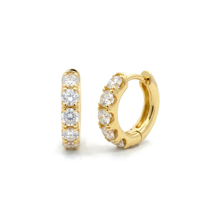 Chunky round stone moissanite huggie hoop earrings in yellow gold vermeil over sterling silver, view 3