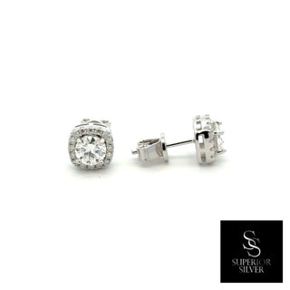 Classic cushion halo moissanite stud earrings in sterling silver, view 2