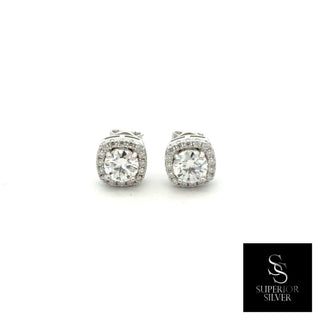 Classic cushion halo moissanite stud earrings in sterling silver, view 3