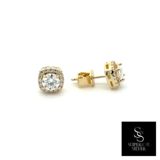 Classic cushion halo moissanite stud earrings in yellow gold vermeil over sterling silver, view 2