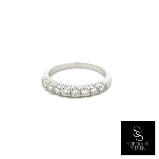 Classic round-stone half eternity band moissanite ring in sterling silver, view 2