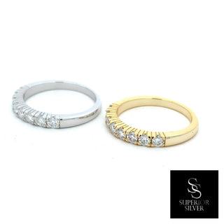 Classic round-stone half eternity band moissanite ring in sterling silver and yellow gold vermeil, side by side