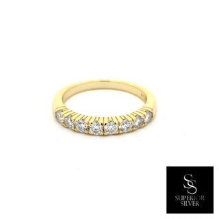 Classic round-stone half eternity band moissanite ring in yellow gold vermeil over sterling silver, view 2