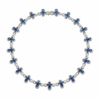 Clover and Infinity Link Moissanite Necklace in sterling silver, blue stones, view 2