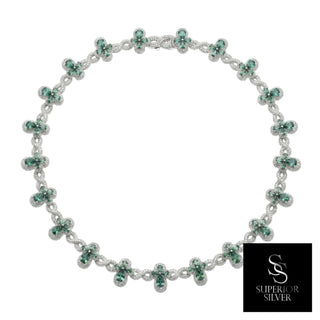 Clover and Infinity Link Moissanite Necklace in sterling silver, green stones, view 3