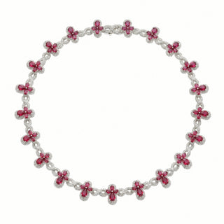 Clover and Infinity Link Moissanite Necklace in sterling silver, red stones