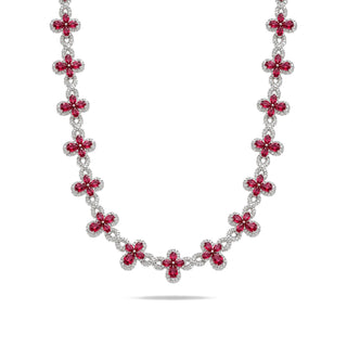 Clover and Infinity Link Moissanite Necklace in sterling silver, red stones, hanging