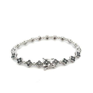 Clover and round stone moissanite tennis bracelet in sterling silver with black finish, view 2