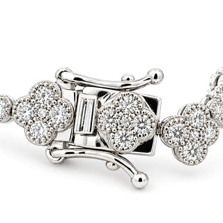 Clover and round stone moissanite tennis bracelet in sterling silver, double-latch box clasp