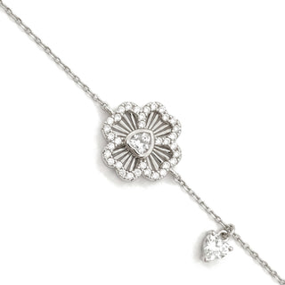 Clover Station and Heart Drop Moissanite Bracelet in Sterling Silver, close-up