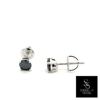 Black round solitaire moissanite stud earrings in sterling silver