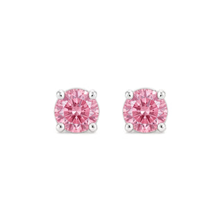 Pink round solitaire moissanite stud earrings in sterling silver, front view