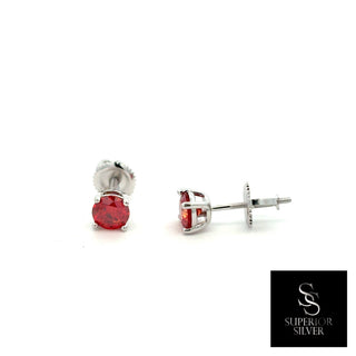 Red round solitaire moissanite stud earrings in sterling silver