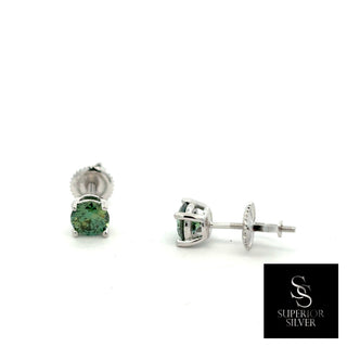 Green round solitaire moissanite stud earrings in sterling silver